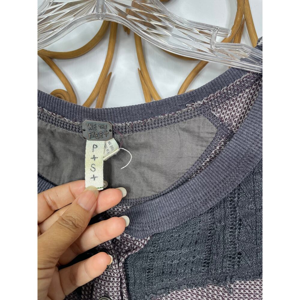 Free People Heathered Gray Waffle Knit Lace Yoke Henley - Picture 3 of 6